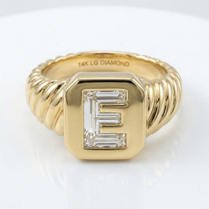 Women's Twisted Band lab-grown diamond letter signet ring in 14K Yellow Gold, letter E, product photography