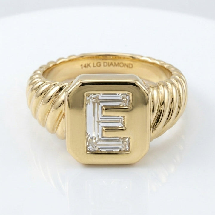 Women's Twisted Band lab-grown diamond letter signet ring in 14K Yellow Gold, letter E, product photography