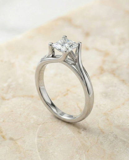 Twisted Bypass Solitaire Princess, in 18K White Gold – angled view | RockHer