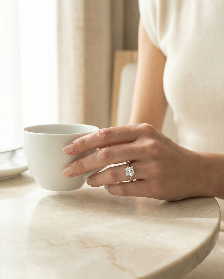 Twisted Bypass Solitaire Princess, in Platinum – lifestyle shot | RockHer