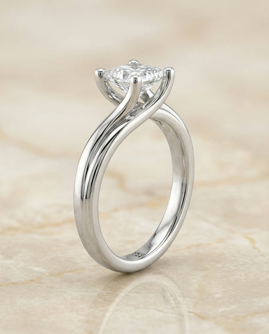 Twisted Bypass Solitaire Princess, in Platinum – side profile | RockHer