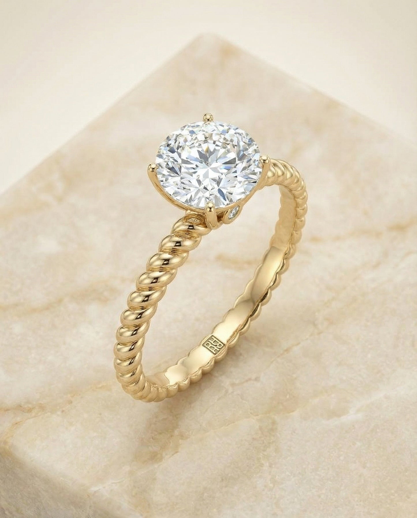 Round Brilliant, Twisted Rope Surprise Stone Solitaire, in 18K Yellow Gold – angled view | RockHer