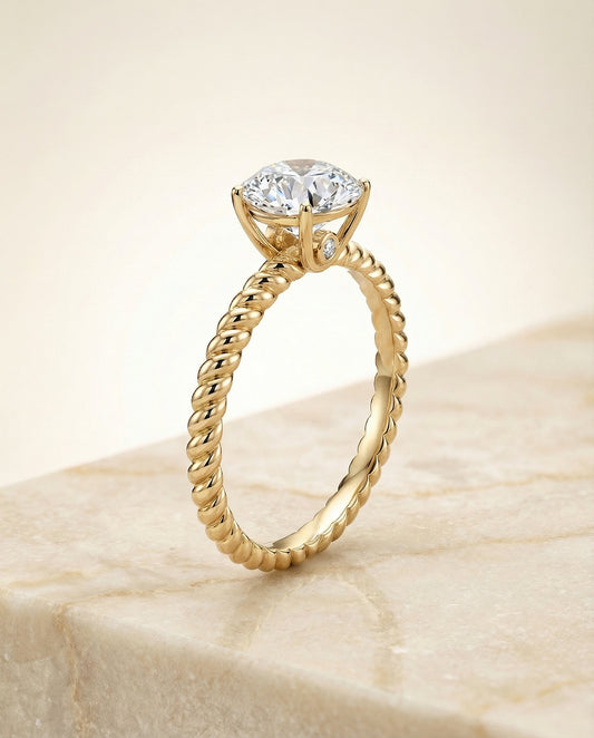 Charlie Select twisted rope surprise stone solitaire round ring in 14K Yellow Gold — front — RockHer