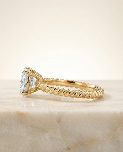 Round Brilliant, Twisted Rope Surprise Stone Solitaire, in 18K Yellow Gold – side profile | RockHer