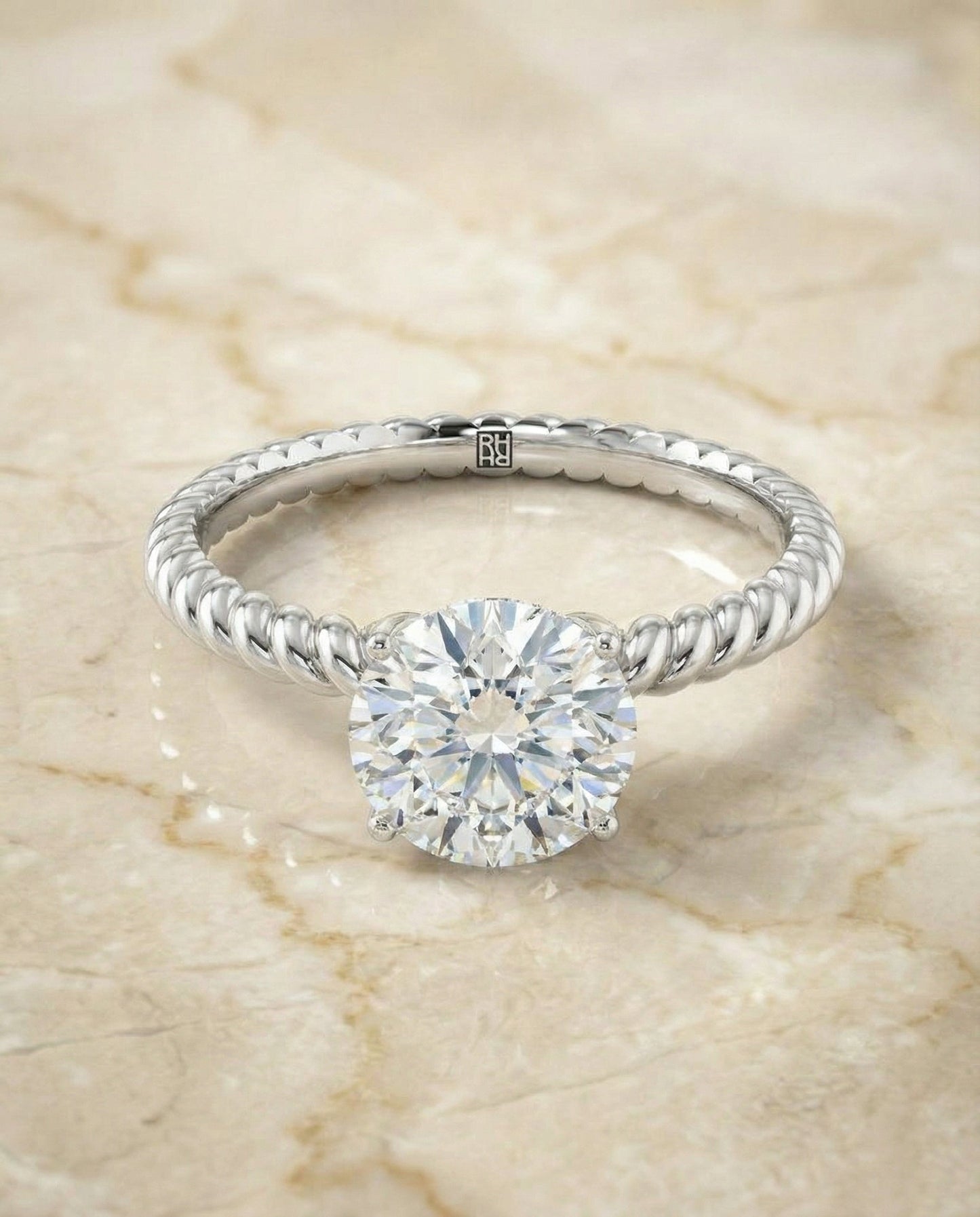 Charlie Select Twisted Rope Surprise Stone Solitaire Round Lab Diamond Engagement Ring in 14K White Gold, alternate angle | RockHer
