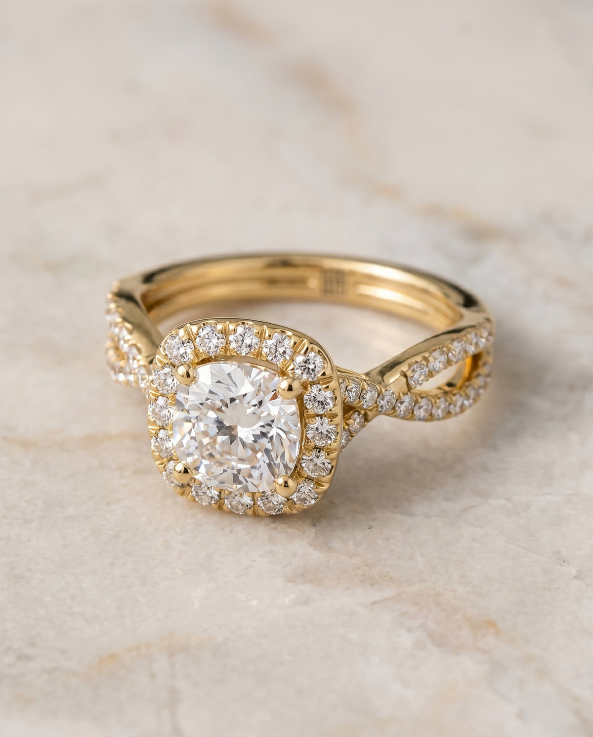 The Audra Twisted Scalloped Pavé Halo Engagement Ring Setting for Cushion Diamonds in 18K Yellow Gold | RockHer
