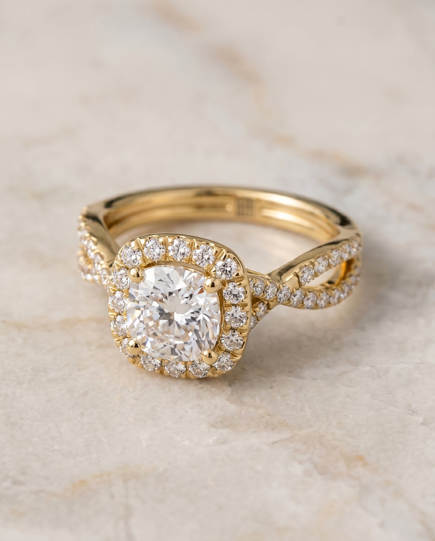 The Audra Twisted Scalloped Pavé Halo Engagement Ring Setting for Cushion Diamonds in 18K Yellow Gold | RockHer