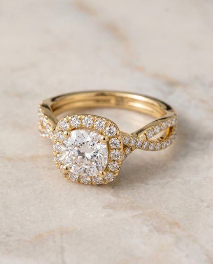 The Audra Twisted Scalloped Pavé Halo Engagement Ring Setting for Cushion Diamonds in 18K Yellow Gold | RockHer