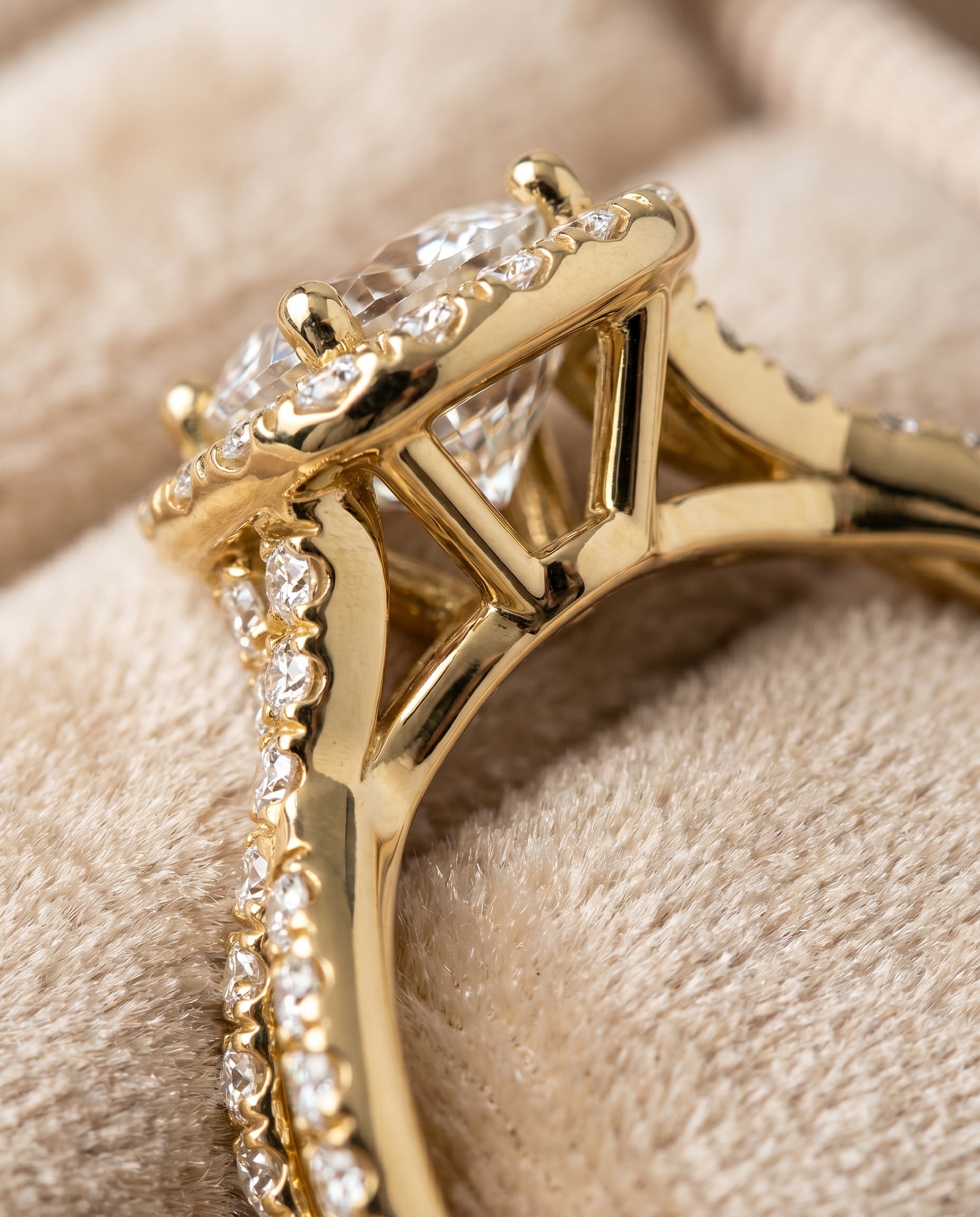 Audra Select Twisted Scalloped Pavé Halo Cushion Cut Lab Diamond Engagement Ring in 18K Yellow Gold, detail view | RockHer
