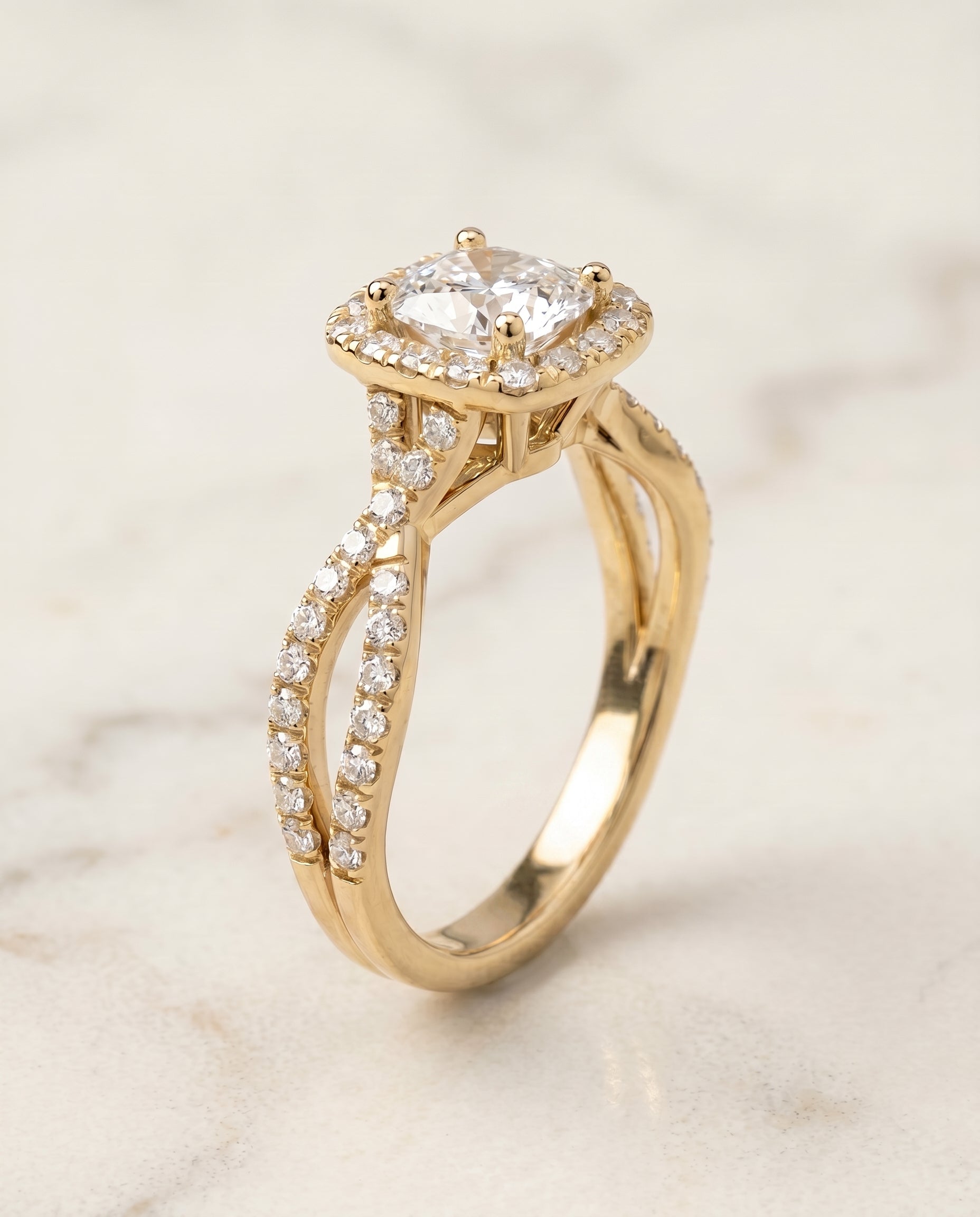 Twisted Scalloped Pavé Halo Cut styling on The Audra cushion engagement ring setting | RockHer