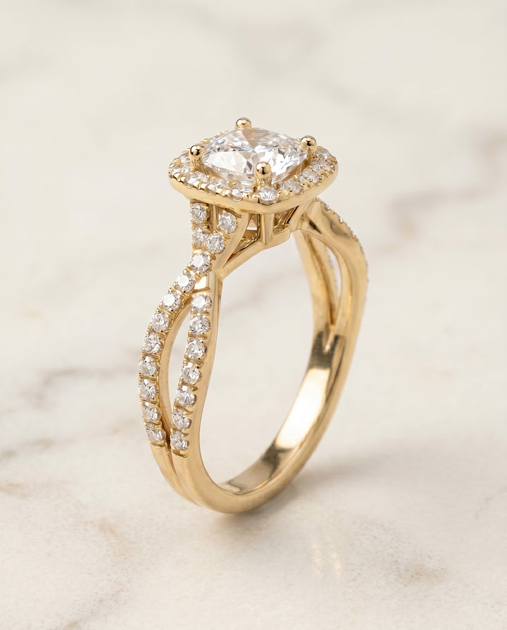 The Audra Twisted Scalloped Pavé Halo Engagement Ring Setting for Cushion Diamonds in 18K Yellow Gold