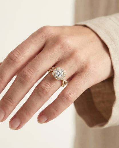 The Audra Twisted Scalloped Pavé Halo Cushion Cut Engagement Ring Setting in 18K Yellow Gold