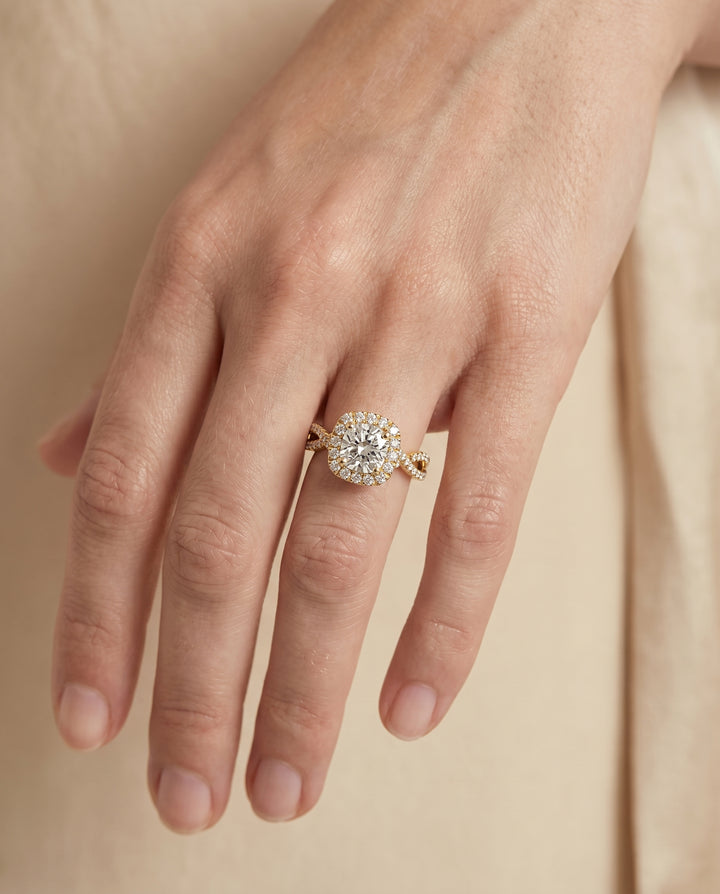The Audra Twisted Scalloped Pavé Halo Engagement Ring Setting for Cushion Diamonds in 18K Yellow Gold