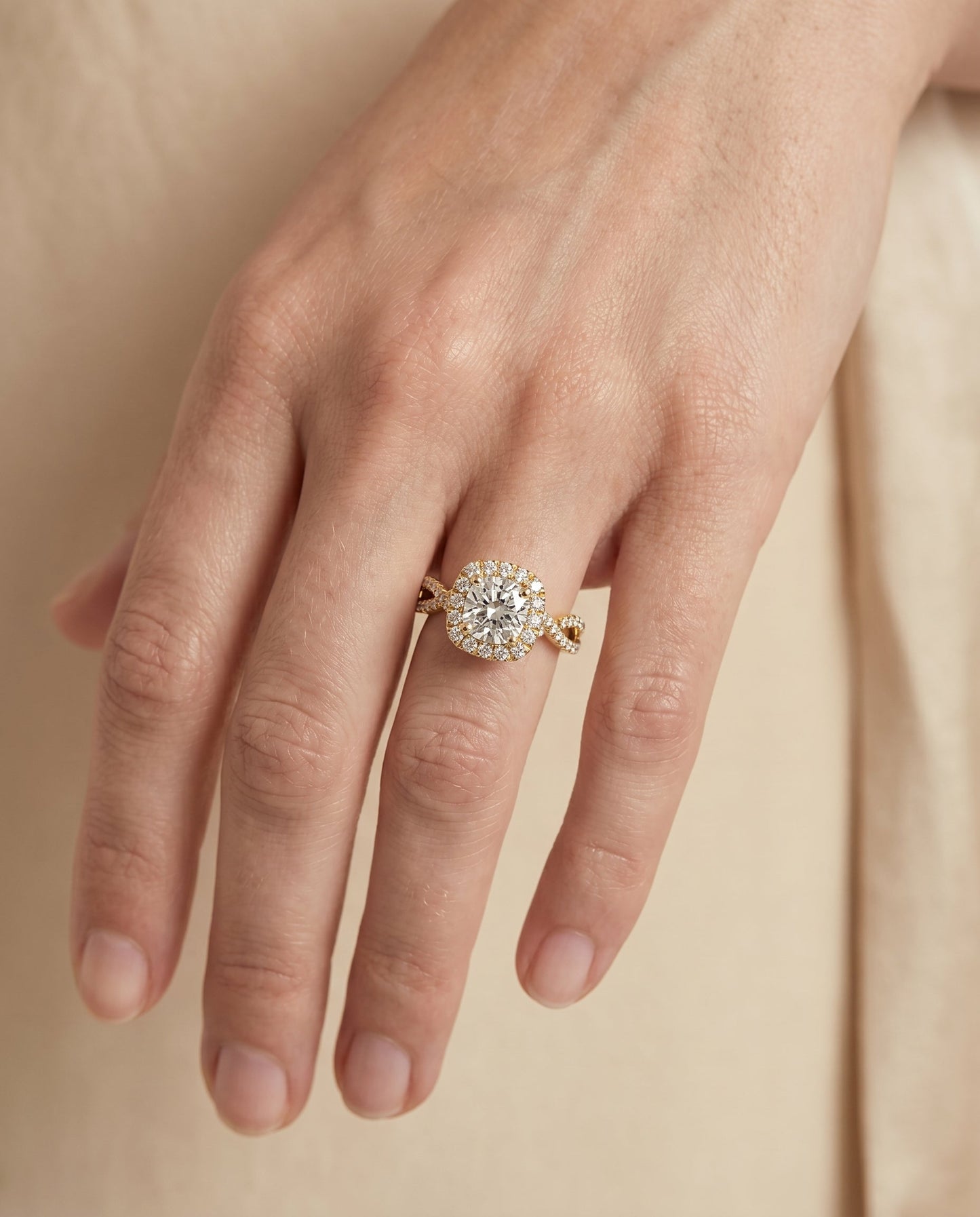 Audra Select Twisted Scalloped Pavé Halo Cushion Cut Lab Diamond Engagement Ring in 18K Yellow Gold, shown on hand | RockHer