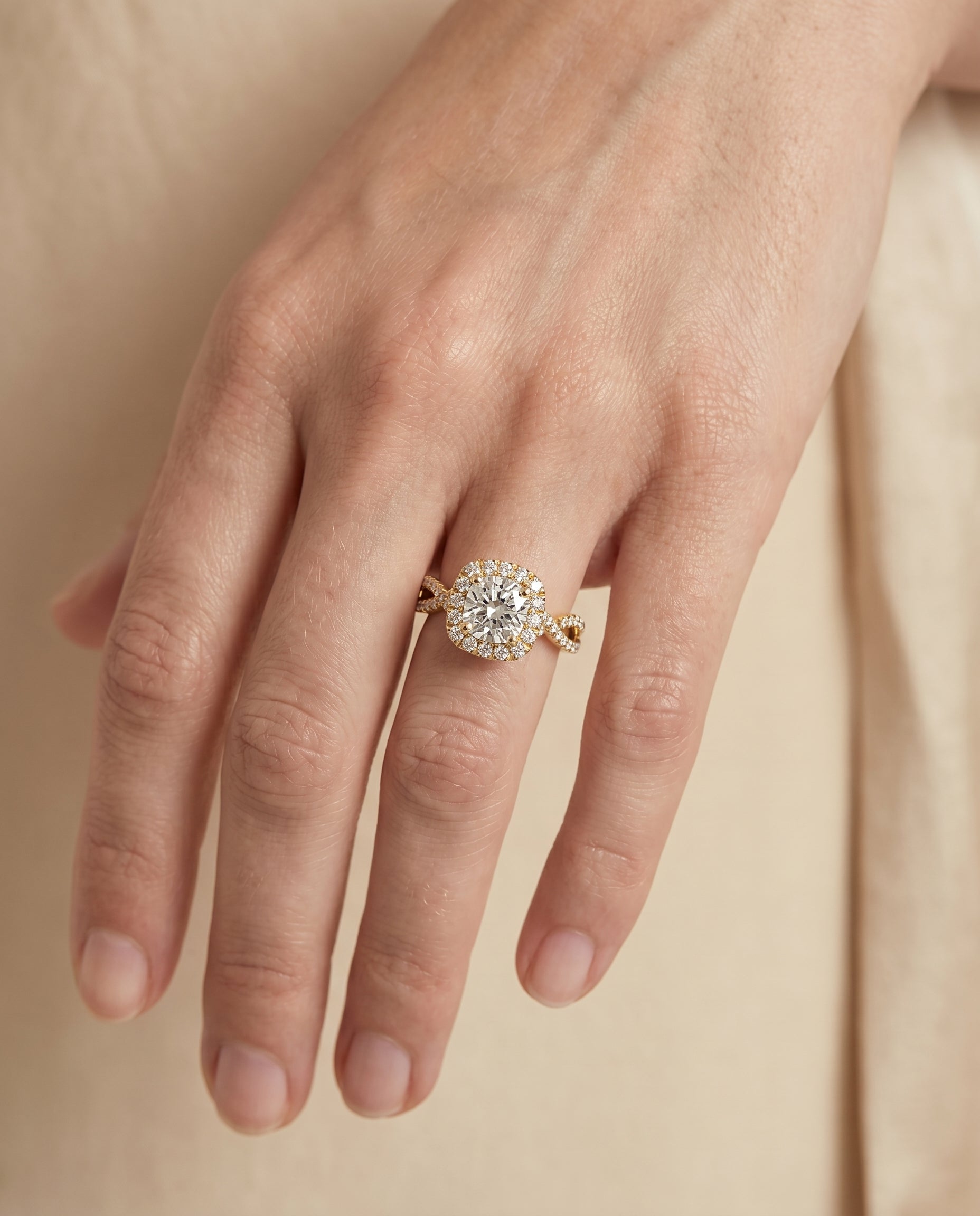 Audra Select Twisted Scalloped Pavé Halo Cushion Cut Lab Diamond Engagement Ring in 18K Yellow Gold, shown on hand | RockHer