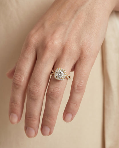 Audra Select Twisted Scalloped Pavé Halo Cushion Cut Lab Diamond Engagement Ring in 18K Yellow Gold, shown on hand | RockHer