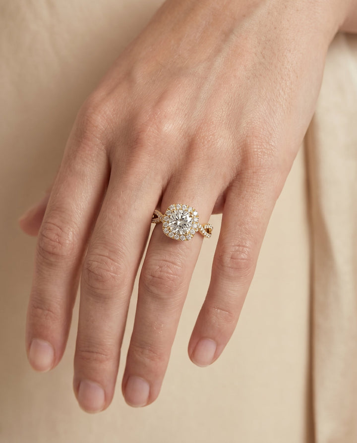 Audra Select Twisted Scalloped Pavé Halo Cushion Cut Lab Diamond Engagement Ring in 18K Yellow Gold, shown on hand | RockHer