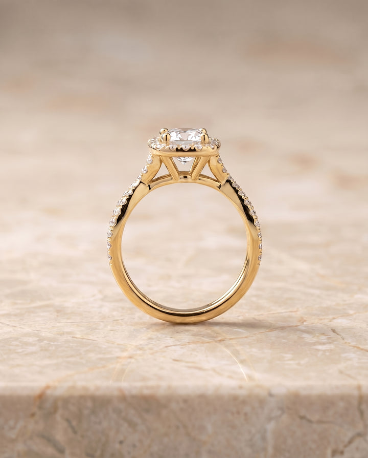 The Audra Twisted Scalloped Pavé Halo Engagement Ring Setting for Cushion Diamonds in 18K Yellow Gold
