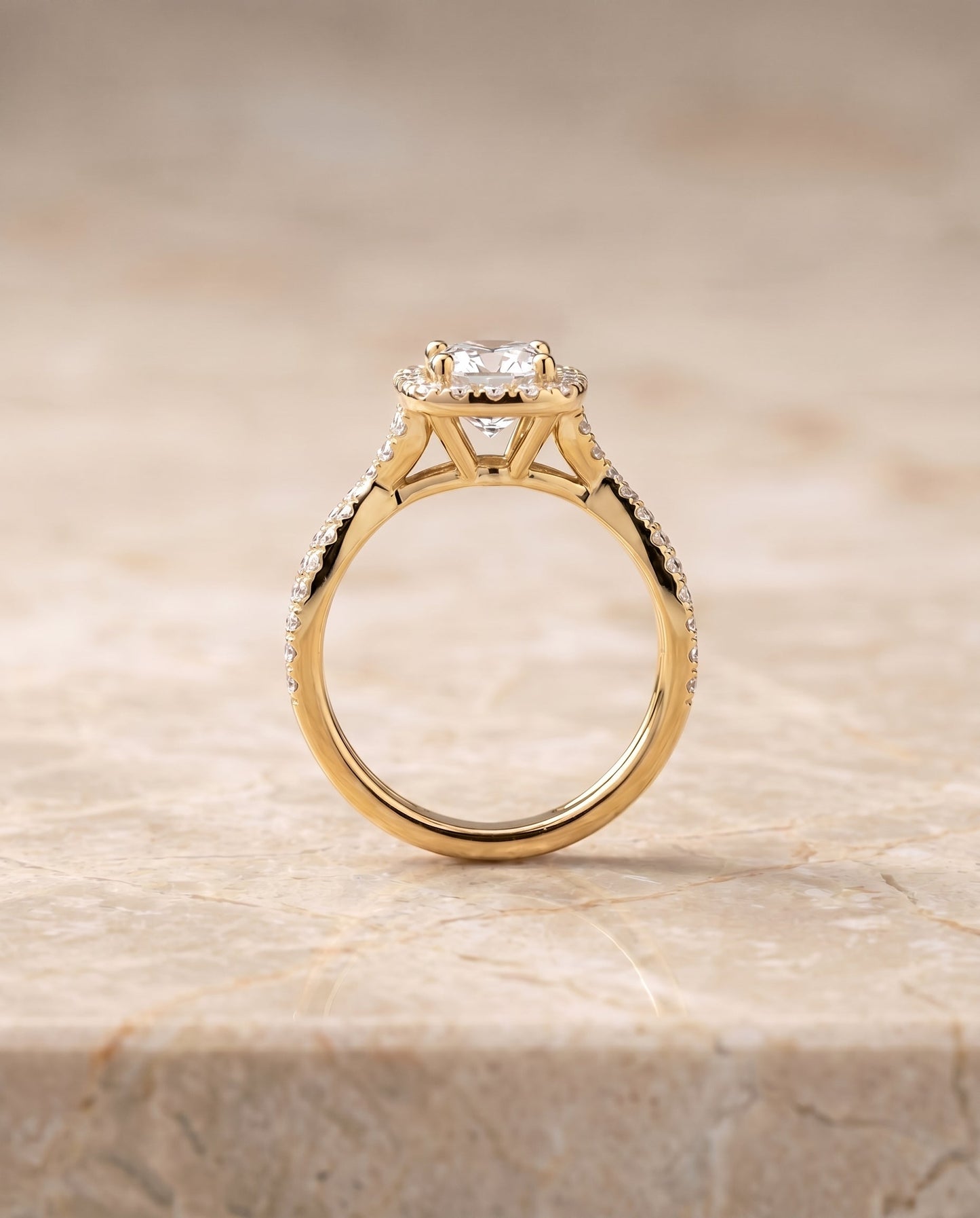 Audra Select Twisted Scalloped Pavé Halo Cushion Cut Lab Diamond Engagement Ring in 18K Yellow Gold, side view | RockHer