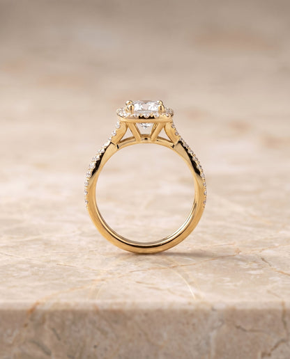 Audra Select Twisted Scalloped Pavé Halo Cushion Cut Lab Diamond Engagement Ring in 18K Yellow Gold, side view | RockHer