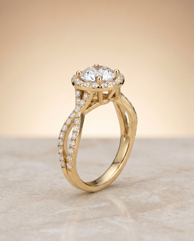 The Audra Twisted Scalloped Pavé Halo Round Engagement Ring Setting in 18K Yellow Gold