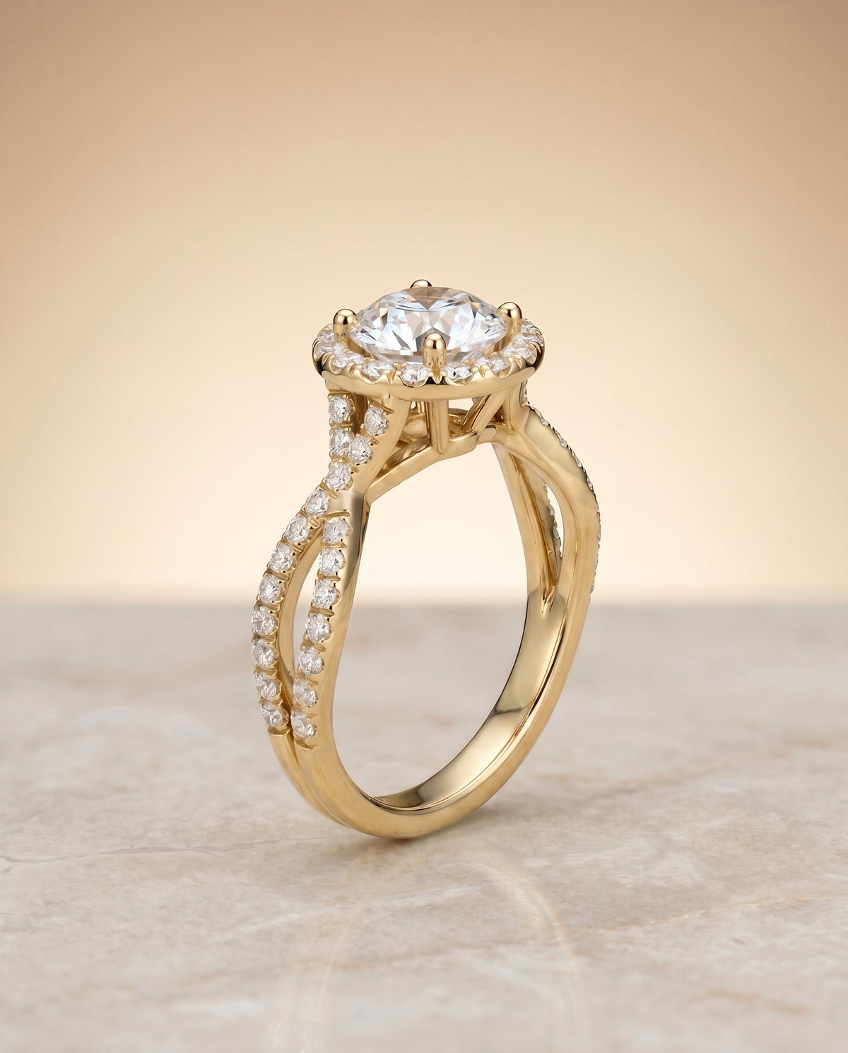Audra Select Twisted Scalloped Pavé Halo Round Lab Diamond Engagement Ring in 18K Yellow Gold, alternate angle | RockHer