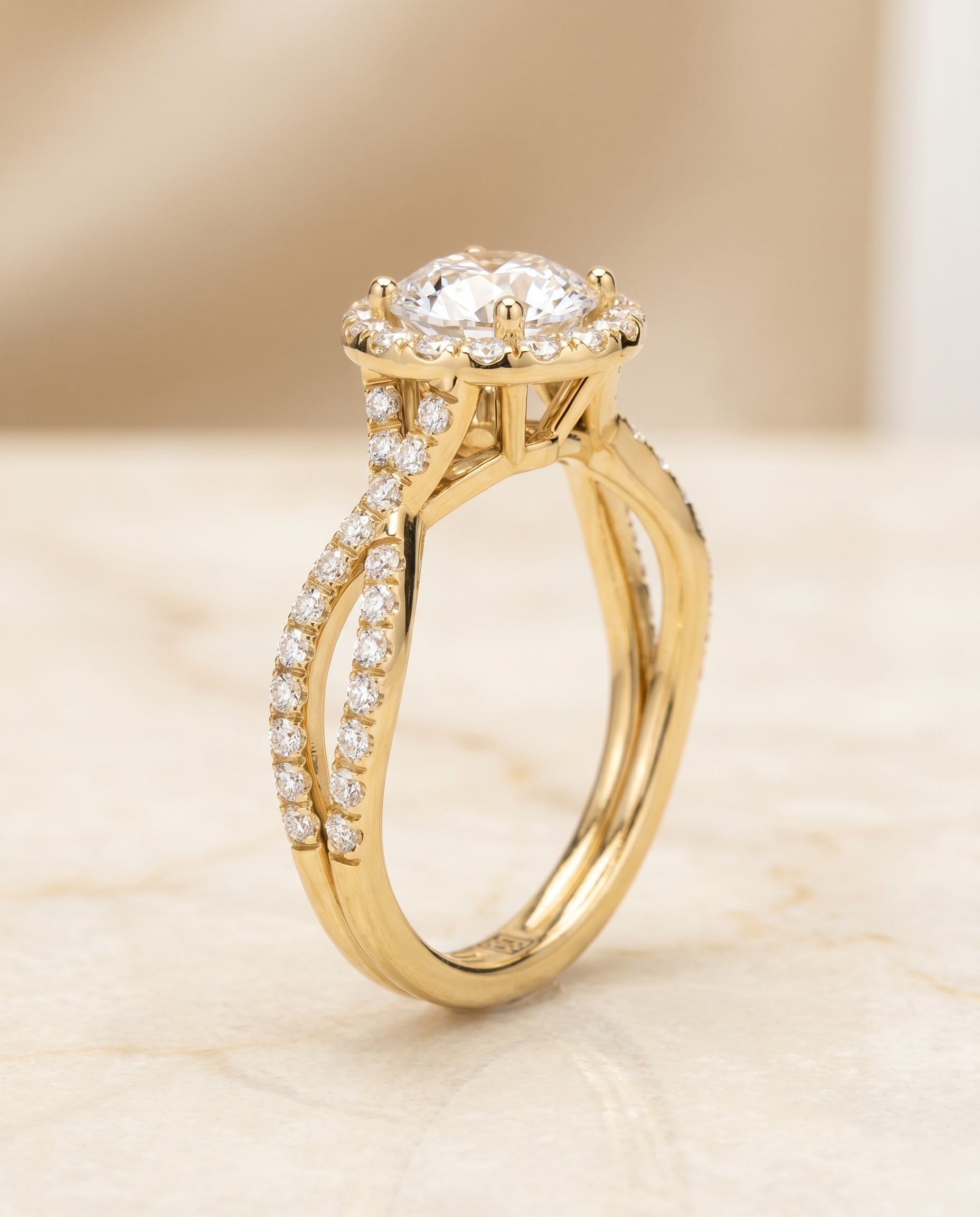 The Audra twisted scalloped pavé halo engagement ring setting, shown in 18K Yellow Gold | RockHer