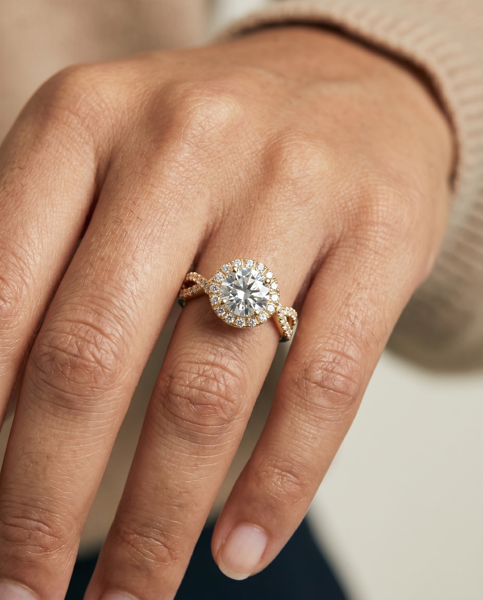 The Audra engagement ring setting in 18K Yellow Gold, twisted scalloped pavé halo design | RockHer