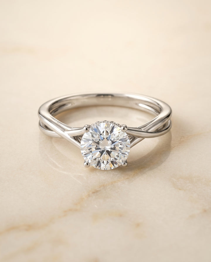 The Blondie Twisted Hidden Halo Solitaire Engagement Ring Setting for Round Diamonds in 18K White Gold | RockHer