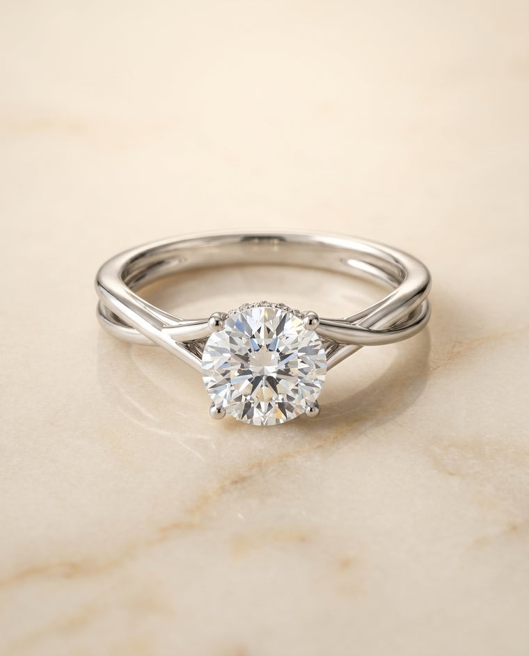 The Blondie Double Hidden Halo Solitaire Round Engagement Ring Setting in 18K White Gold