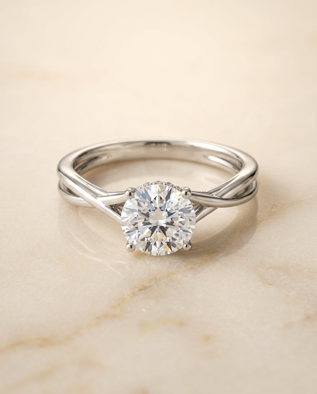 Blondie Select Double Hidden Halo Solitaire Round Lab Diamond Engagement Ring in Platinum, shown on hand, angled | RockHer
