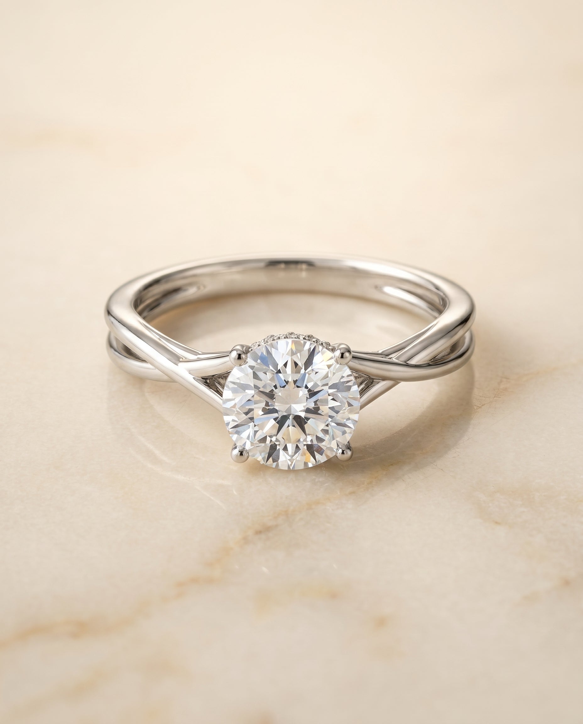 Blondie Select Twisted Shank Double Hidden Halo Solitaire Oval in 18K White Gold – view 1