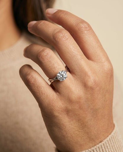 Blondie Select Double Hidden Halo Solitaire Round Lab Diamond Engagement Ring in Platinum, shown on hand | RockHer