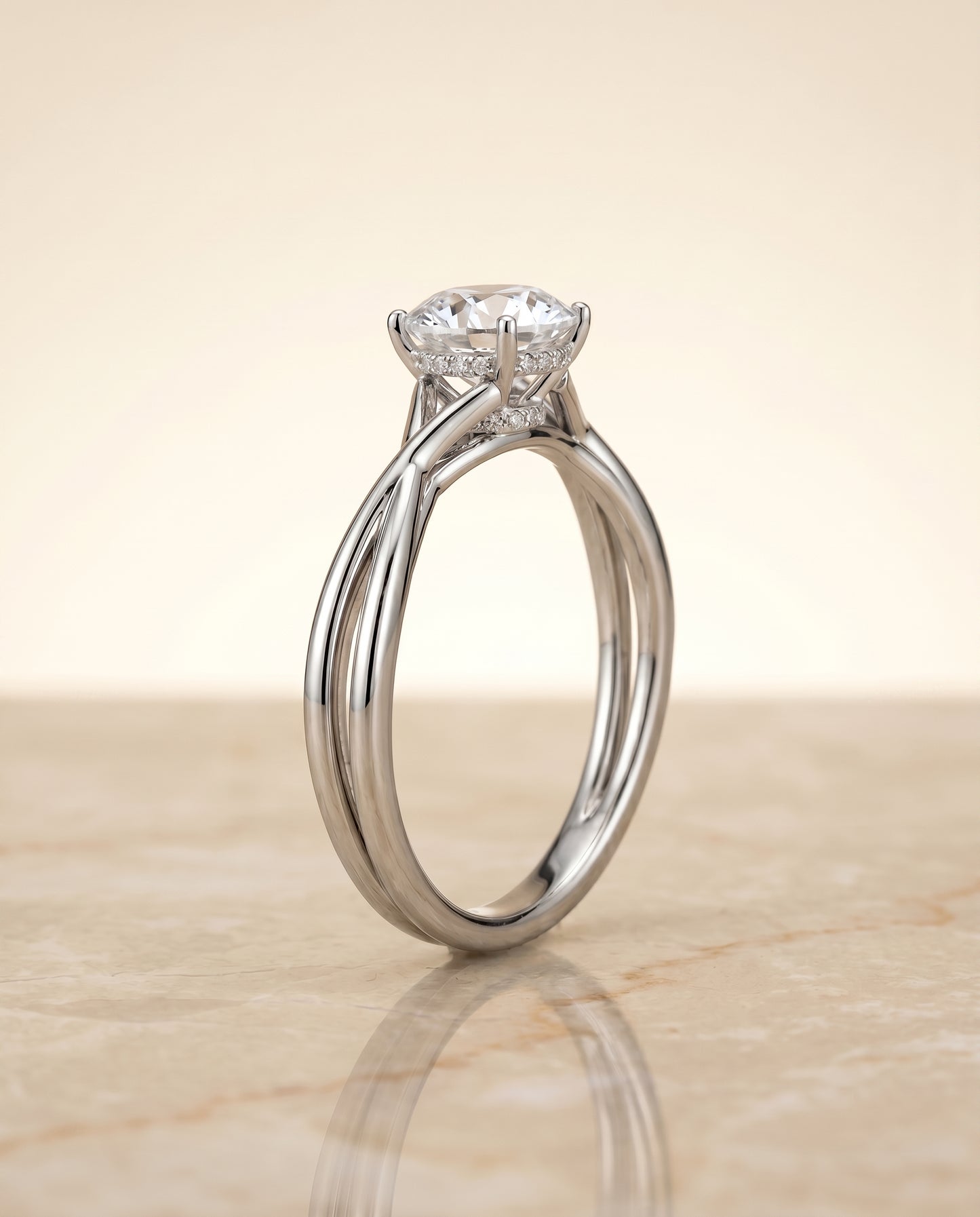 The Blondie Double Hidden Halo Solitaire Round Engagement Ring Setting in 18K White Gold