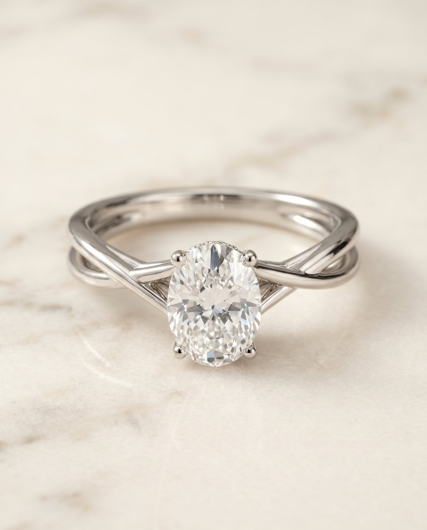 The Blondie Twisted Hidden Halo Solitaire Engagement Ring Setting for Oval Diamonds in Platinum | RockHer
