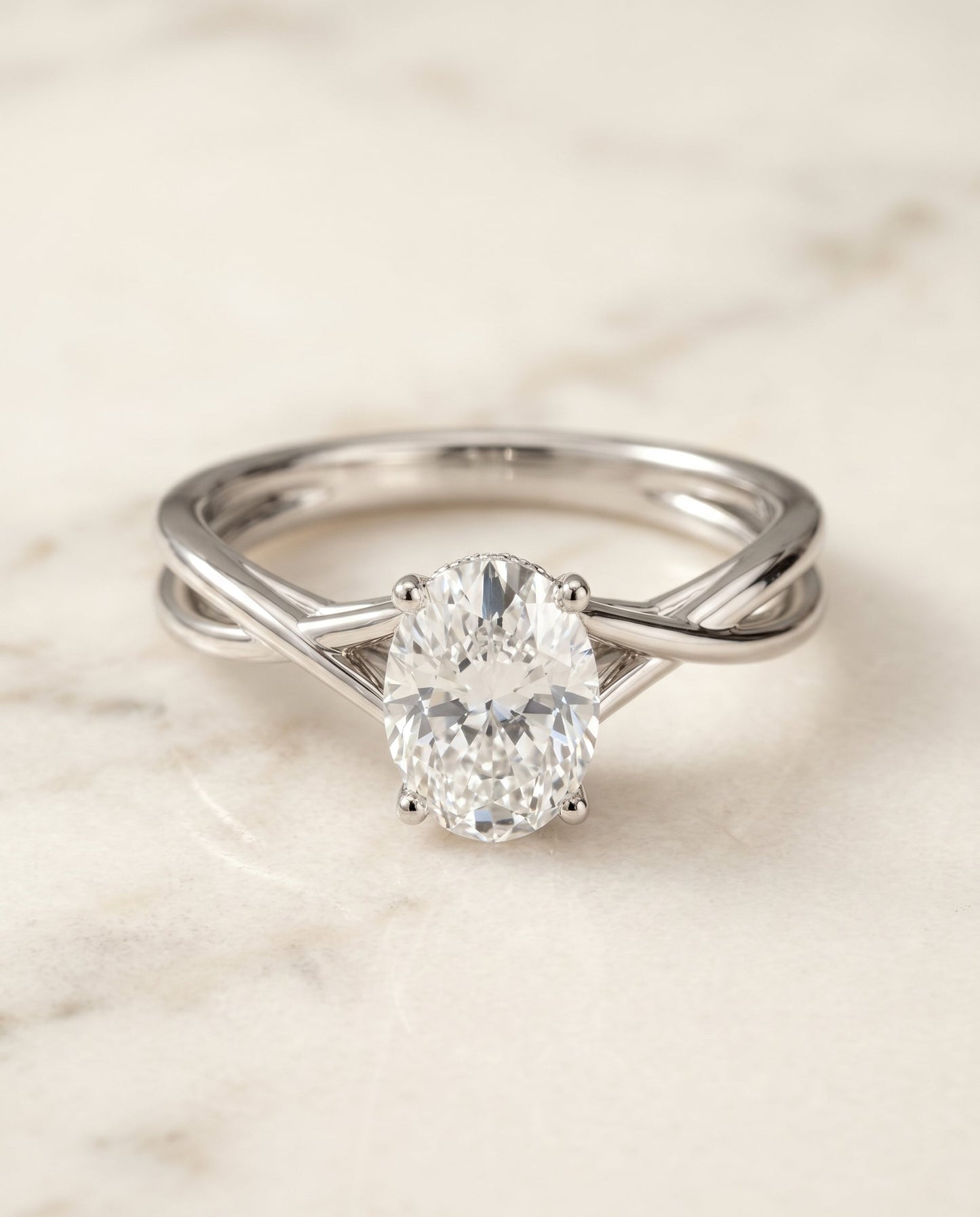 Blondie Select Twisted Shank Double Hidden Halo Solitaire Oval in 14K White Gold – view 1