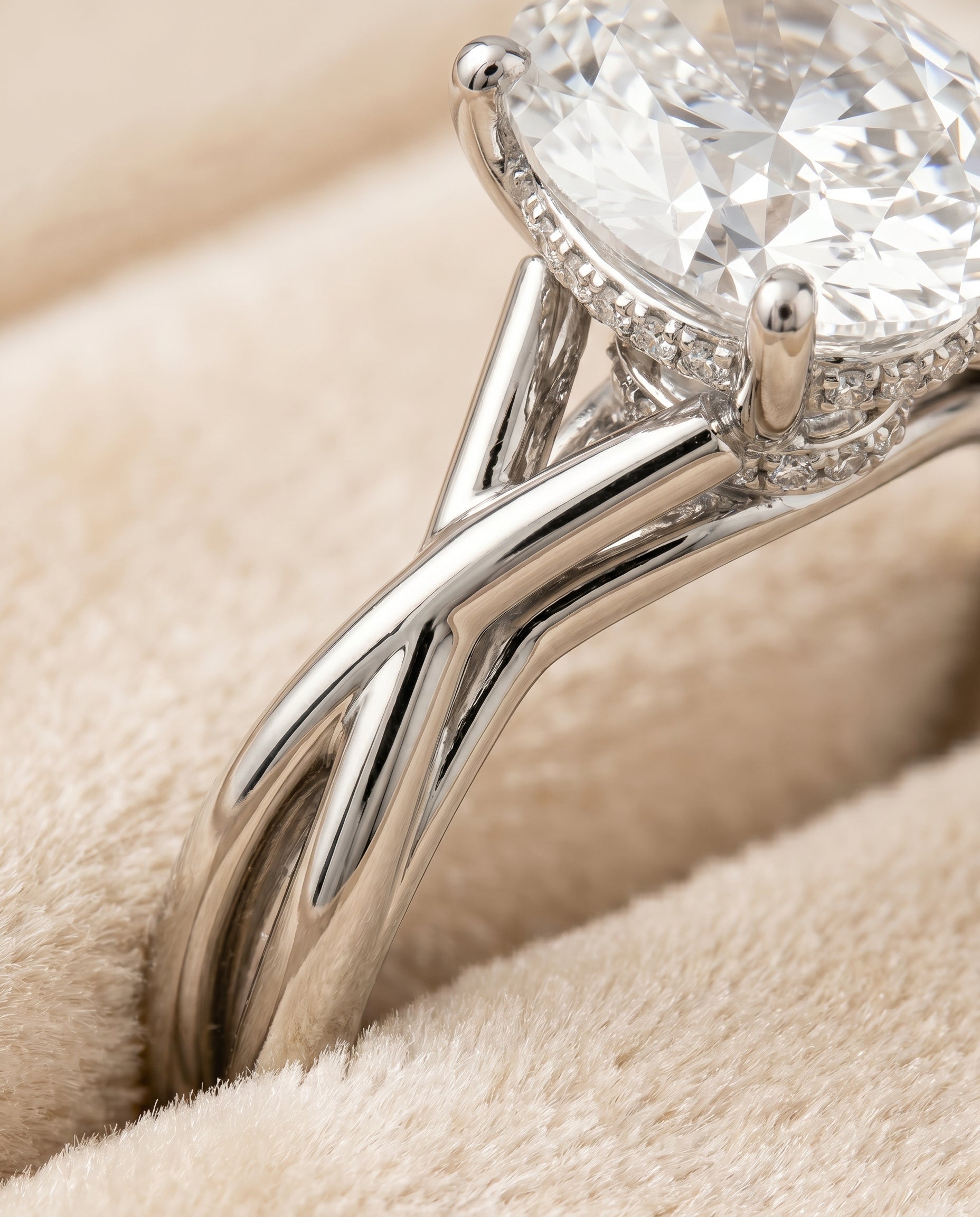 Blondie Select Double Hidden Halo Solitaire Oval Lab Diamond Engagement Ring in Platinum, detail view | RockHer