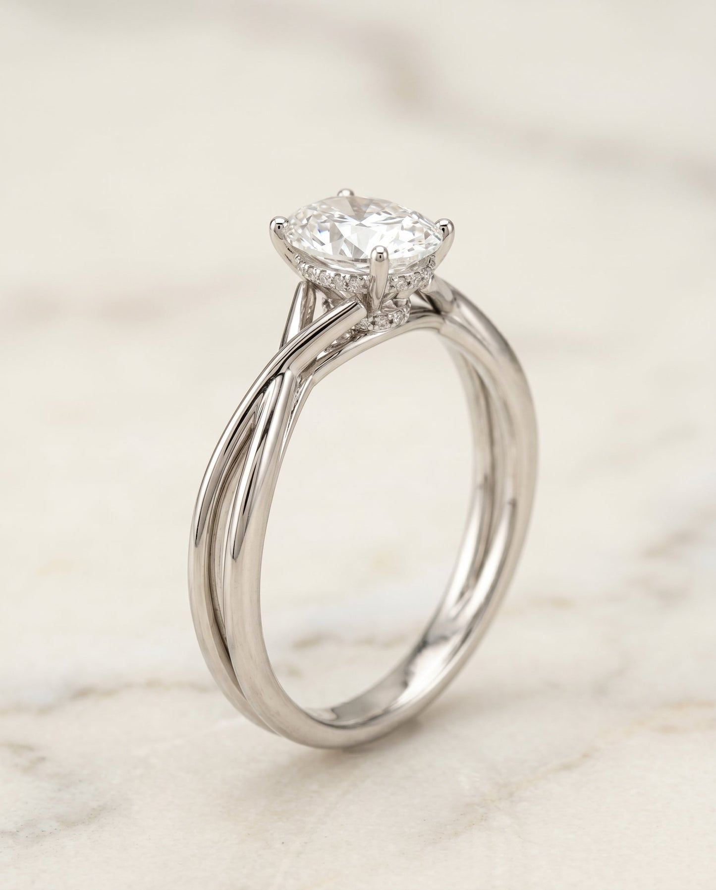 Blondie Select Twisted Shank Double Hidden Halo Solitaire Oval in 14K White Gold – view 6
