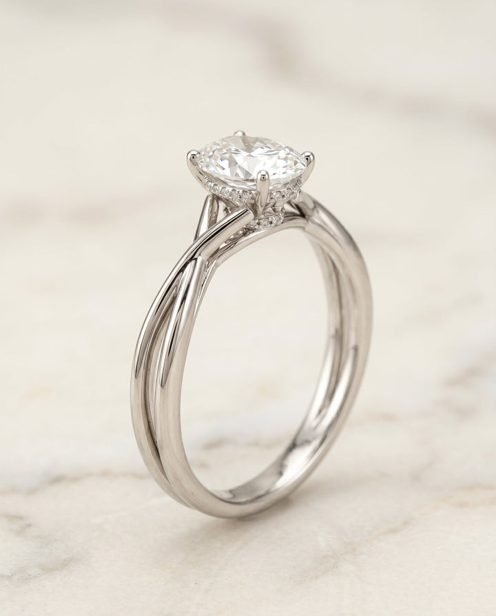 Blondie Select Twisted Shank Double Hidden Halo Solitaire Oval in 14K White Gold – view 6