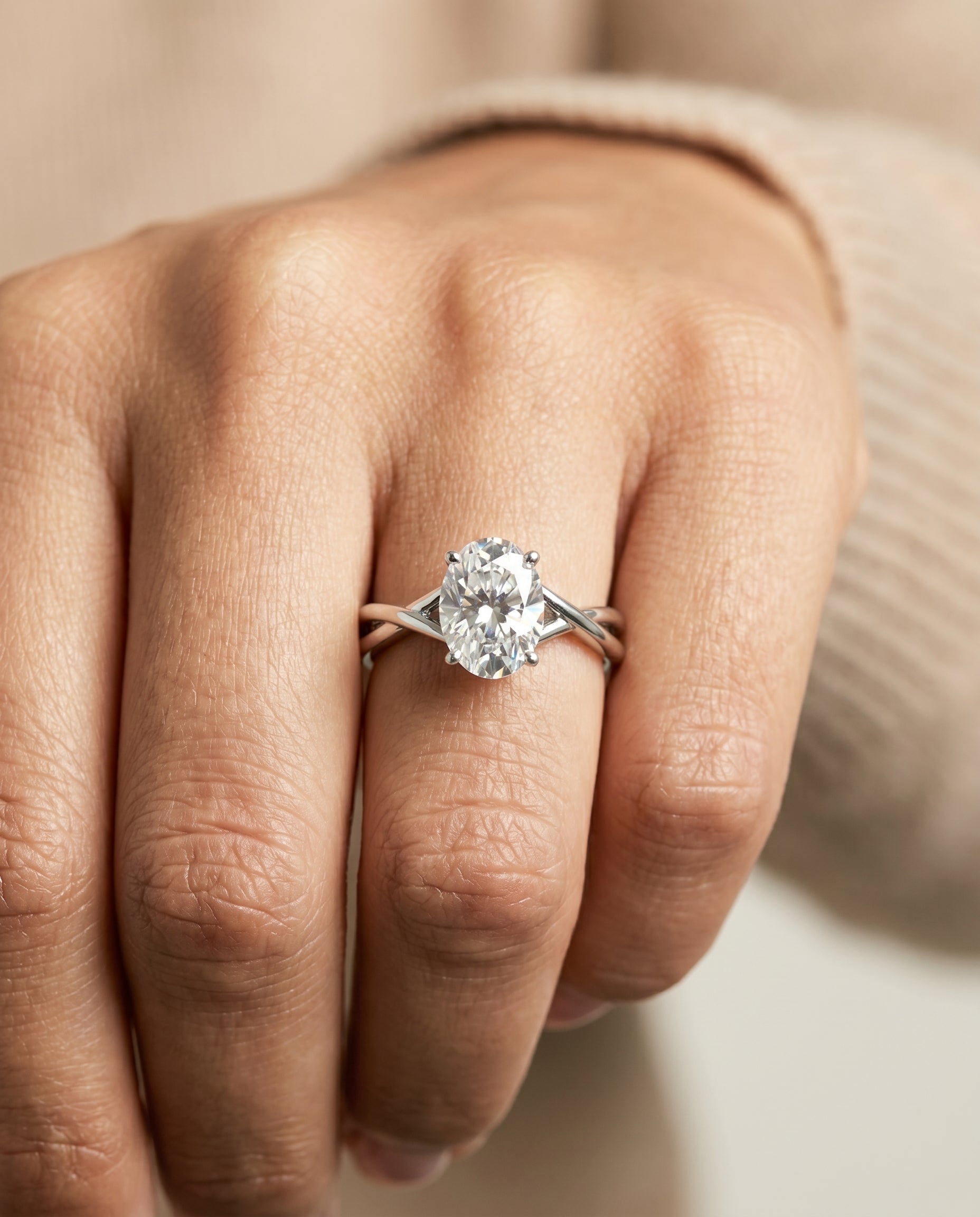 Blondie Select Double Hidden Halo Solitaire Oval Lab Diamond Engagement Ring in Platinum, shown on hand | RockHer