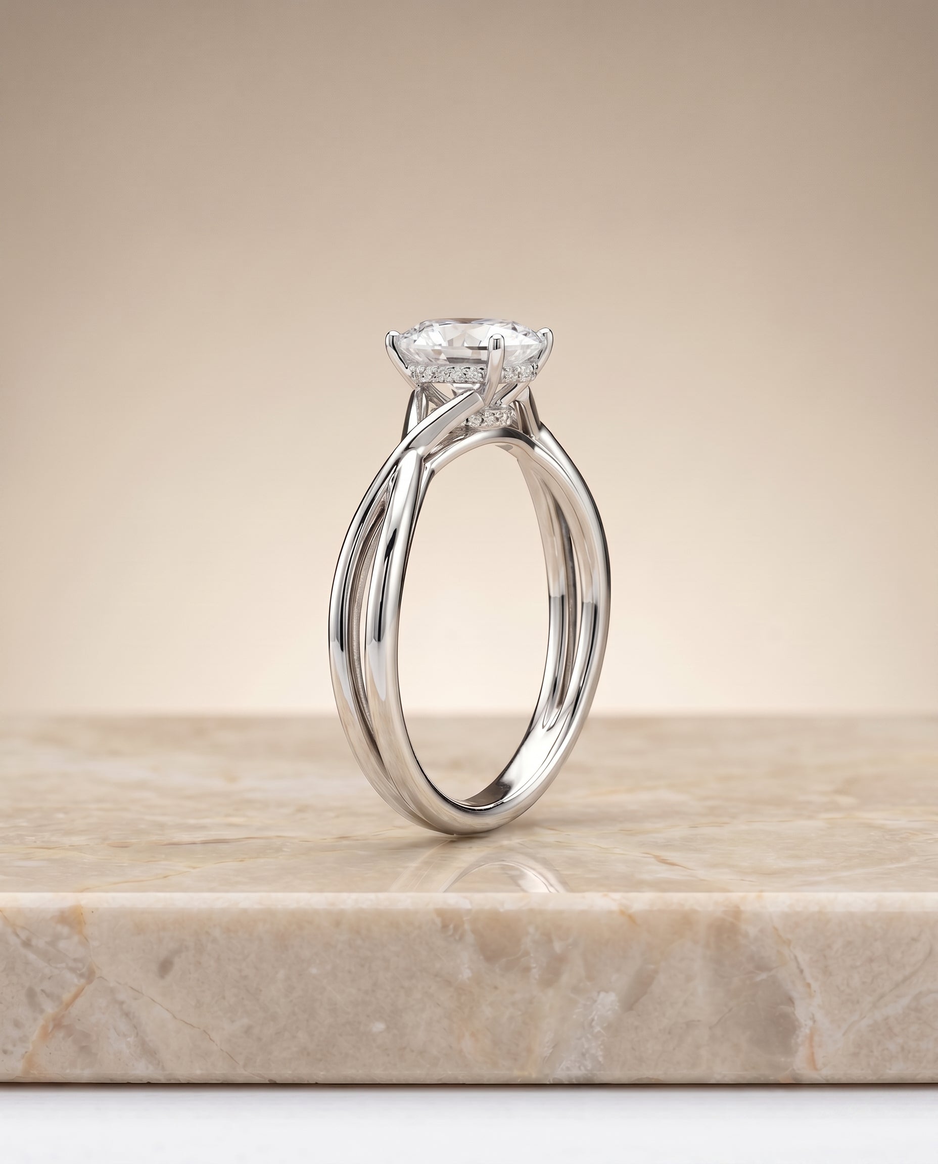 Blondie Select Double Hidden Halo Solitaire Oval Lab Diamond Engagement Ring in Platinum, side view | RockHer