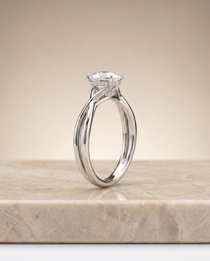 Blondie Select Twisted Shank Double Hidden Halo Solitaire Oval in 14K White Gold – view 2