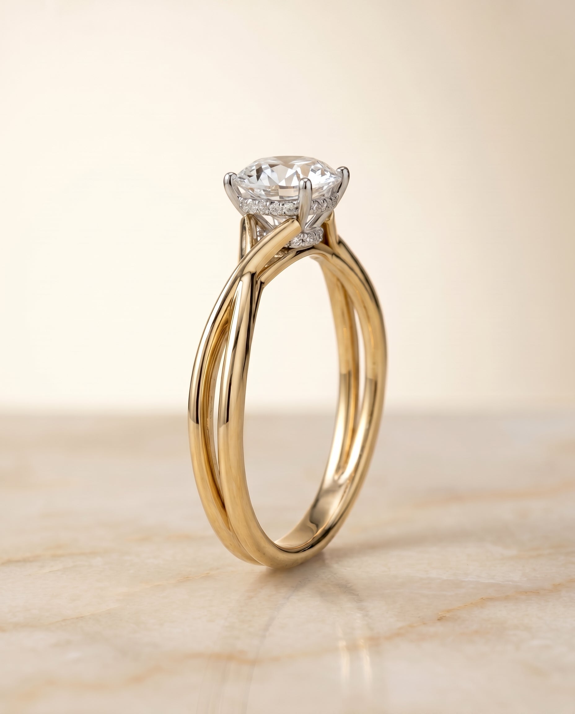Blondie Select Double Hidden Halo Solitaire Round Lab Diamond Engagement Ring in 18K Yellow Gold, alternate angle | RockHer