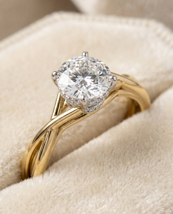 The Blondie Double Hidden Halo Solitaire Round Engagement Ring Setting in 18K Yellow Gold
