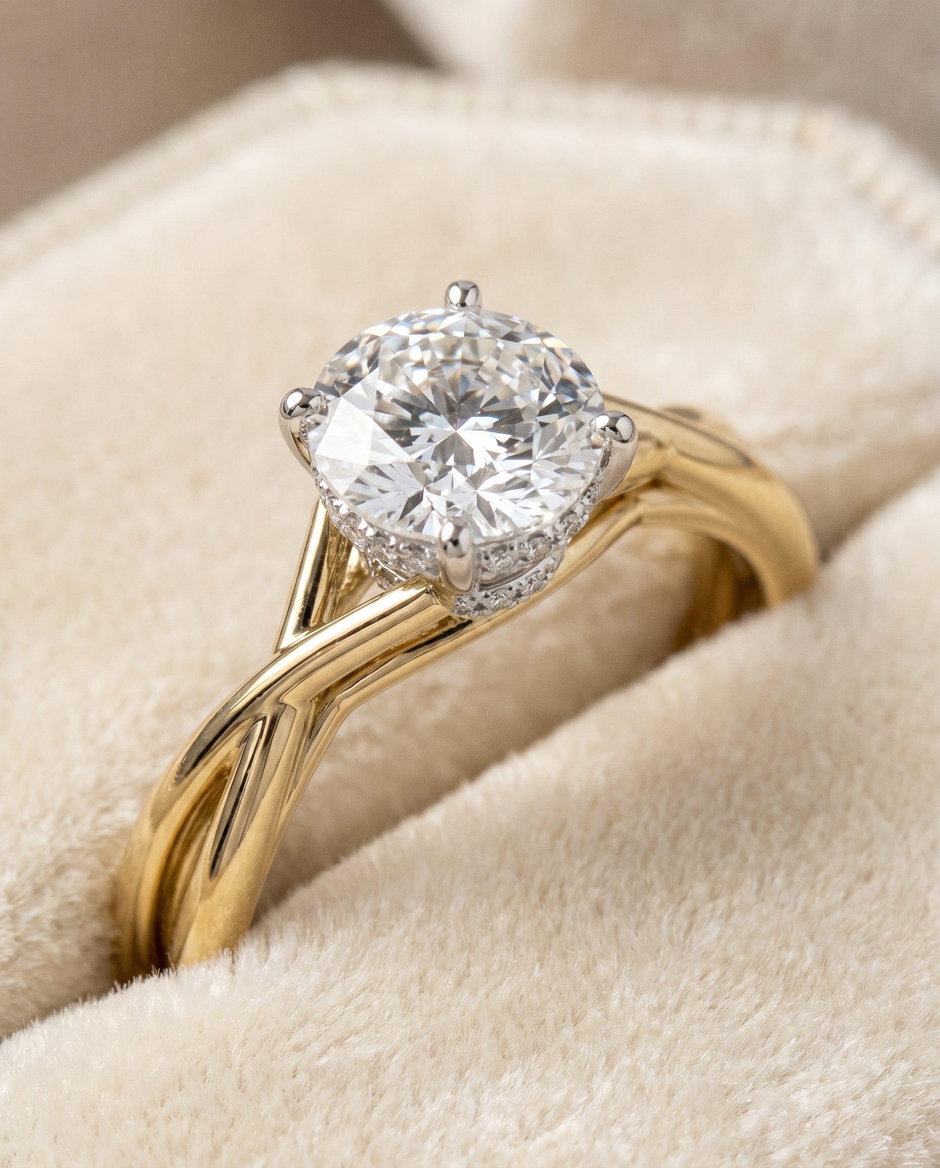Blondie Select Double Hidden Halo Solitaire Round Lab Diamond Engagement Ring in 18K Yellow Gold, detail view | RockHer