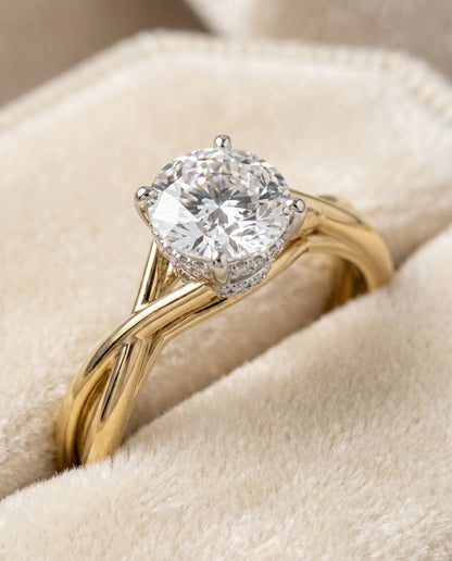 Blondie Select Double Hidden Halo Solitaire Round Lab Diamond Engagement Ring in 18K Yellow Gold, detail view | RockHer