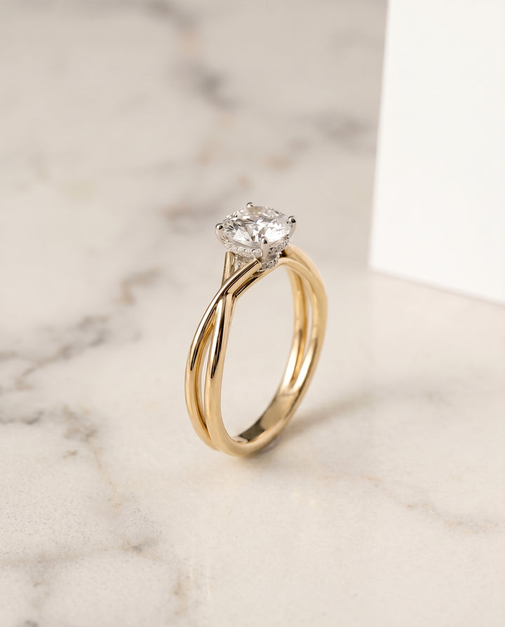 The Blondie Double Hidden Halo Solitaire Round Engagement Ring Setting in 18K Yellow Gold