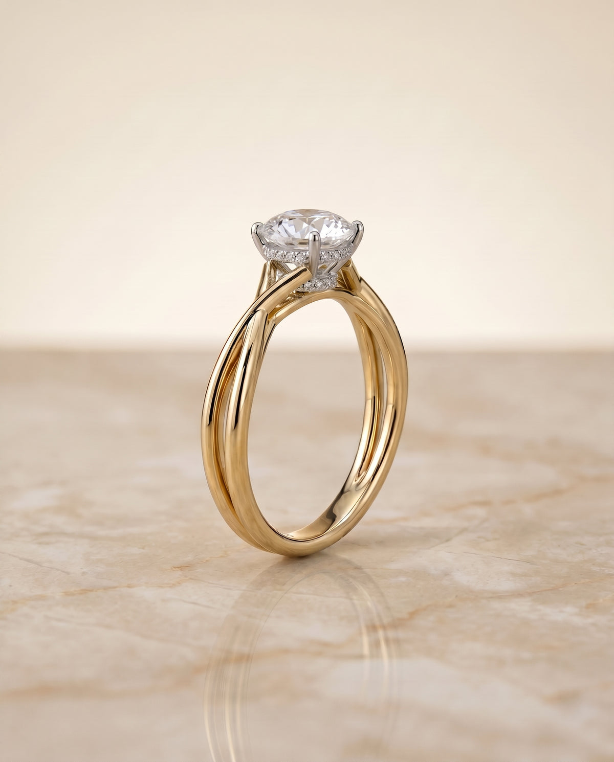 The Blondie Twisted Hidden Halo Solitaire Engagement Ring Setting for Round Diamonds in 18K Yellow Gold | RockHer