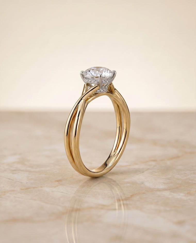 The Blondie Double Hidden Halo Solitaire Round Engagement Ring Setting in 18K Yellow Gold