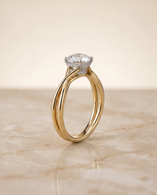 Blondie Select Twisted Shank Double Hidden Halo Solitaire in 18K Yellow Gold – view 1